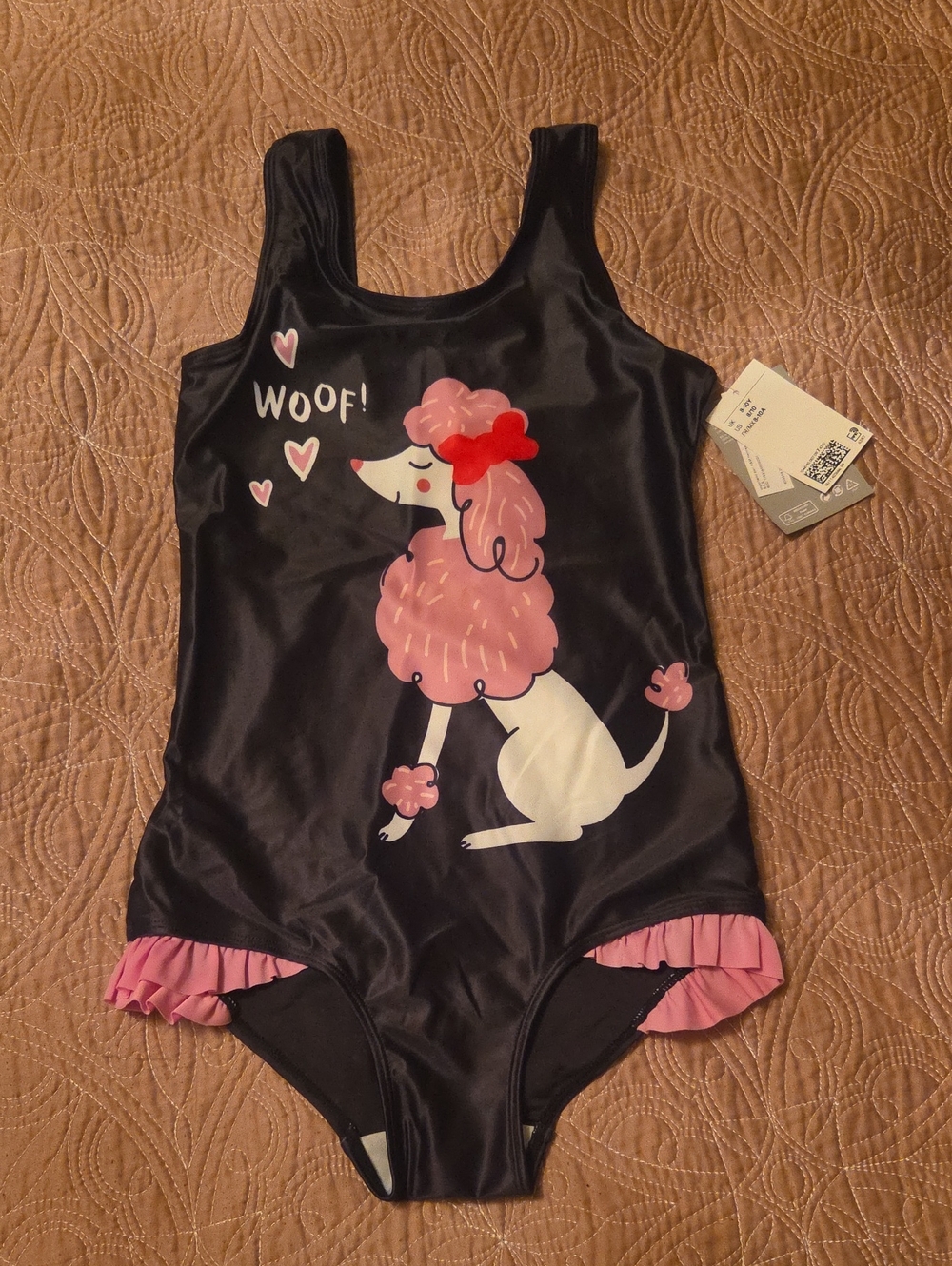 H&M Black One-Piece Swimsuit with Pink Poodle Graphic